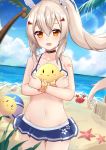  1girl :d animal ayanami_(azur_lane) azur_lane bandaid bare_arms bare_shoulders beach bikini bird black_choker blonde_hair blue_skirt breasts chick choker collarbone cowboy_shot crab day floating_hair groin hair_ornament kuaua long_hair looking_at_viewer manjuu_(azur_lane) medium_breasts miniskirt navel ocean open_mouth orange_eyes outdoors palm_tree ponytail sand skirt sky smile solo stomach string_bikini swimsuit tree water white_bikini 