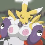  1:1 anthro blurred_background breasts digimon digimon_(species) duo female guilmon leaking_precum male male/female one_eye_closed renamon sex simple_background titfuck tongue tongue_out watermark wink zerofox1000 