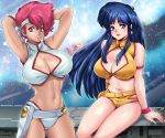  2girls armpits arms_behind_head arms_up artist_name bangs bare_shoulders belt blue_eyes blue_hair blush bracelet breasts brown_eyes cleavage cleavage_cutout closed_mouth commentary_request dark_skin dirty_pair earrings headband jewelry kei_(dirty_pair) large_breasts long_hair midriff multiple_girls navel open_mouth oyaman red_hair shiny shiny_hair short_hair sidelocks simple_background sitting sleeveless smile stomach thighs yuri_(dirty_pair) 