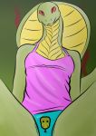  anthro breasts clothed clothing cobra colored_nails female green_body green_scales hi_res immoveableguide kiwi_(immoveableguide) looking_at_viewer nails non-mammal_breasts red_eyes reptile scaile scales scalie simple_background smile snake snake_hood solo topwear underwear 