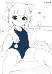  1girl absurdres animal_ear_fluff animal_ears azur_lane bangs bare_arms bed candy cat_ears eyebrows_visible_through_hair fang food green_eyes hair_ribbon heart highres holding lollipop looking_at_viewer mutsuki_(azur_lane) open_mouth pillow ribbon school_swimsuit shiomikaze short_hair sitting sketch solo sparkle spot_color swimsuit thighhighs weibo_username 