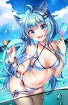 1girl :3 :d ahoge animal_ear_fluff animal_ears artist_name bangs bikini blue_bow blue_eyes blue_hair blue_nails blush bow bracelet breasts cat_ears cat_girl cat_tail commentary day eyebrows_visible_through_hair fang food groin hair_between_eyes hair_intakes hair_ornament hairclip head_tilt highres holding holding_food jewelry leaning_forward long_hair looking_at_viewer medium_breasts multi-strapped_bikini nail_polish navel open_mouth original outdoors popsicle smile solo squchan star_(symbol) summer swimsuit symbol_commentary tail tail_bow tail_raised very_long_hair water water_drop white_bikini x_hair_ornament 