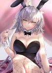  1girl absurdres ahoge animal_ears bangs bare_shoulders blush bow bowtie breasts bunny_ears bunnysuit cleavage clenched_teeth detached_collar eyebrows_visible_through_hair fake_animal_ears fate/grand_order fate_(series) fishnet_legwear fishnets hair_between_eyes hane_yuki highres jeanne_d&#039;arc_(alter)_(fate) jeanne_d&#039;arc_(fate)_(all) large_breasts leotard long_hair looking_at_viewer pantyhose playing_with_own_hair silver_hair solo teeth wrist_cuffs yellow_eyes 