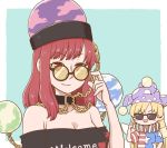  american_flag_dress chain clothes_writing clownpiece collar earth eyebrows_visible_through_hair fairy_wings glasses hat hecatia_lapislazuli jester_cap long_hair neck_ruff off_shoulder polka_dot_headwear poronegi red_eyes red_hair round_eyewear simple_background sunglasses tinted_eyewear touhou wings 