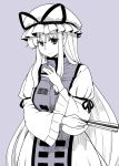  1girl closed_mouth cowboy_shot eyebrows_visible_through_hair fan folding_fan hand_up hat hat_ribbon holding holding_fan long_sleeves looking_at_viewer monochrome pillow_hat poronegi purple_background purple_eyes purple_hair ribbon simple_background smile solo standing tabard touhou wide_sleeves yakumo_yukari 