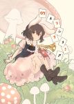 1girl absurdres animal_ears ascot black_vest boots brown_footwear brown_hair bunny_ears dress full_body grass highres inaba_tewi inazakura00 looking_at_viewer mushroom parted_lips pink_dress puffy_short_sleeves puffy_sleeves red_eyes short_sleeves solo touhou vest 