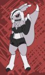 2019 anthro black_clothing black_sclera bottomwear bunnielovesyou clothing collar digimon digimon_(species) digitigrade edgy female fur gesture goth grey_body grey_fur hair hi_res middle_finger pentagram red_background red_eyes renamon shorts simple_background spiked_collar spikes standing white_hair 