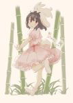  1girl :d absurdres animal_ears bamboo bamboo_forest blush_stickers brown_hair bunny bunny_ears bunny_tail carrot_necklace commentary_request dress eyebrows_visible_through_hair forest from_side full_body highres inaba_tewi inazakura00 looking_at_viewer nature open_mouth pink_dress puffy_short_sleeves puffy_sleeves red_eyes short_sleeves smile solo tail touhou white_legwear 