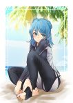  1girl absurdres alternate_costume barefoot beach black_legwear blue_eyes blue_hair blush crossed_arms full_body hands_on_feet highres kantai_collection kumanoko looking_at_viewer medium_hair pants sand sitting smile stirrup_legwear sunlight toeless_legwear track_pants tree urakaze_(kantai_collection) 