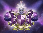  2017 ambiguous_gender anthro black_nose blue_eyes canid canine coat_of_arms detailed_background digital_media_(artwork) duo eyebrows fox fur inner_ear_fluff knight latin_text mammal melee_weapon nude pimpartist purple_body purple_fur shield space standing star sword text tuft warrior weapon 