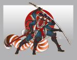  2020 3_heads 3_legs 4_arms ailurid ambiguous_gender anthro armor conjoined fighting_pose mammal melee_weapon multi_arm multi_head multi_leg multi_limb multi_tail multifur nodachi pose red_panda samurai_armor simple_background sword weapon wmdiscovery93 ōdachi 