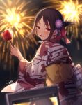  1girl black_hair blush bow candy_apple cellphone cellphone_camera commentary_request eyebrows_visible_through_hair fireworks flower food hair_bow hair_flower hair_ornament highres holding holding_food japanese_clothes juugonichi_(wheeliex2) kaguya-sama_wa_kokurasetai_~tensai-tachi_no_renai_zunousen~ kimono looking_at_viewer night obi open_mouth phone purple_flower red_bow red_eyes sash shinomiya_kaguya short_hair signature smile yukata 