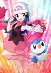  1girl :d absurdres beanie blue_eyes blue_hair blush boots bracelet commentary_request gen_4_pokemon hair_ornament hands_up happy hat highres hikari_(pokemon) holding holding_poke_ball jewelry leg_up long_hair miyama-san open_mouth pink_footwear pink_scarf piplup poke_ball poke_ball_(basic) pokemon pokemon_(creature) pokemon_(game) pokemon_dppt scarf smile starter_pokemon teeth tongue upper_teeth v white_headwear 