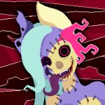  1:1 bat_nose black_sclera blood blue_hair bodily_fluids body_horror breasts chiropteran digital_media_(artwork) female gore hair heterochromia hi_res long_tongue looking_at_viewer magic mammal notched_ear open_mouth patchwork_creature pinkpossum pixel_(artwork) purple_body purple_skin sewn_mouth sewn_together sharp_teeth simple_background smile solo teeth tongue tongue_out undead yellow_body yellow_skin zombie 