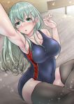  1girl aqua_hair arm_up armpits bangs bed black_legwear breasts cleavage collarbone commentary_request competition_swimsuit covered_navel cowboy_shot green_eyes grey_legwear grey_swimsuit hair_ornament hairclip kantai_collection large_breasts long_hair looking_at_viewer one-piece_swimsuit self_shot shohei_(piranha5hk) solo suzuya_(kantai_collection) swimsuit thighhighs 