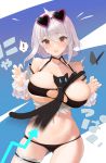  1girl azur_lane bare_shoulders bikini black_bikini black_cat blush bug butterfly cat commentary_request eyewear_on_head hair_between_eyes halterneck heart heart-shaped_eyewear highres insect nanam_(nanam_sk) navel o-ring o-ring_bikini o-ring_top open_mouth pink-framed_eyewear scrunchie sidelocks silver_hair sirius_(azur_lane) sirius_(midsummer_seirios)_(azur_lane) sunglasses sweat swimsuit thigh_strap thighs wet white_frills white_scrunchie wrist_scrunchie 