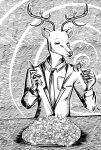  2020 5_fingers abstract_background anthro antlers beastars cervid cervine cheek_tuft clothed clothing cutlery digital_media_(artwork) dress_shirt eyes_closed facial_tuft fingers fork furniture greyscale hi_res holding_object horn imminent_vore inside jacket kemono kitchen_utensils knife louis_(beastars) macro male male_pred mammal micro micro_on_macro monochrome multiple_prey necktie red_deer shirt sitting size_difference solo table tapirclip tools topwear tuft vore 