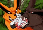  anthro black_body black_fur blush bodily_fluids canid canine drooling duo fur hair hi_res imminent_vore kurama macro male male_pred male_prey mammal mawplay micro naruto open_mouth orange_body orange_fur prince-vulpine saliva simple_background smile teeth tongue tongue_out vore white_body white_fur 
