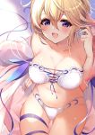 1girl 40_(0f0urw) absurdres ass bangs bare_shoulders blonde_hair blue_eyes blush breasts cleavage collarbone europa_(granblue_fantasy) eyebrows_visible_through_hair flower from_above granblue_fantasy hair_between_eyes hair_flower hair_ornament highres large_breasts looking_at_viewer navel open_mouth ribbon sitting smile solo swimsuit tiara 