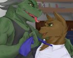  5:4 anthro canid canine canis clothing domination dragon duo kiwi_cutie lizard long_tongue male male/male male_domination mammal necktie reptile scalie size_difference story story_in_description submissive submissive_male tongue undressing wolf 