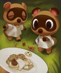  2020 animal_crossing anthro brown_body brown_fur canid canine clothing cookie duo eyes_closed food fur inkune kemono mammal nintendo outside raccoon_dog shirt tanuki timmy_nook tommy_nook topwear video_games 