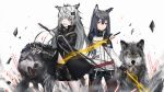  2019 accessory ambiguous_gender animal_humanoid arknights black_hair black_nose blue_eyes bottomwear canid canid_humanoid canine canis clothing eye_scar female feral fingerless_gloves fur gloves grey_body grey_fur group hair hair_accessory hairclip handwear hi_res holding_object holding_sword holding_weapon humanoid jacket lappland_(arknights) long_hair looking_at_viewer mammal mammal_humanoid melee_weapon open_mouth scar shorts simple_background smile sword texas_(arknights) topwear weapon white_background wolf yellow_eyes yuuki_mix 