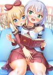  2girls artist_name bar_censor blonde_hair blue_eyes blush book breast_grab breasts cedar_(artist) censored couch fingering glasses grabbing grabbing_from_behind green_eyes ikeda_chizuru indoors library long_hair looking_at_another multiple_girls nanamori_school_uniform no_panties on_couch open_mouth pussy pussy_juice red_ribbon ribbon ribbon_hair school_uniform short_hair silver_hair skirt small_breasts smile sweat thighs toshinou_kyouko yuri yuru_yuri 