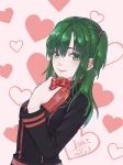  1girl 2019 bangs black_jacket box closed_mouth d.gray-man dated green_eyes green_hair hair_between_eyes hair_ornament heart heart-shaped_box heart_background highres holding holding_box iris@work jacket lenalee_lee long_hair long_sleeves looking_at_viewer shiny shiny_hair signature smile solo twintails 