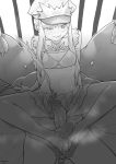  1boy 1girl anal anal_beads anal_object_insertion arms_behind_back bare_shoulders barefoot blush breasts cleavage cum ejaculation elbow_gloves fate/grand_order fate_(series) footjob frills gloves greyscale hat holding holding_whip indoors long_hair lying medb_(fate)_(all) medb_(fate/grand_order) monochrome navel nude object_insertion on_back oujuo1 penis sex_toy shaded_face signature sitting sitting_on_person steam sweat toenails tongue tongue_out veins veiny_penis 