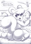  absurd_res animal_crossing anthro balloon big_butt bottomless butt clothed clothing food fruit hi_res looking_back male mammal marshal_(animal_crossing) monochrome nintendo pawpads peach_(fruit) pkfirefawx plant rodent sciurid shovel sketch solo tools video_games 
