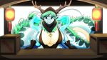  16:9 absurd_res anthro big_breasts breasts cleavage clothed clothing crate dragon english_text female green_hair hair hi_res jewelry looking_at_viewer necklace text vale-city widescreen 