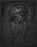  1girl bangs bed_sheet blush breasts cleavage collarbone freyja_wion from_below greyscale hair_between_eyes hair_ornament highres looking_at_viewer macross macross_delta monochrome mosako navel nude one_eye_closed pillow short_hair sketch small_breasts solo upper_body 