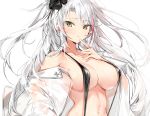  anthropomorphism azur_lane bikini blush bow breasts cat_smile cropped gray_hair long_hair open_shirt prinz_eugen_(azur_lane) shirt silver_(chenwen) swimsuit yellow_eyes 