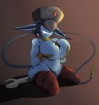  absurd_res big_breasts blue_body blue_skin bodily_fluids breasts clothed clothing female hi_res holding_breast humanoid humanoid_pointy_ears not_furry red_eyes solo sweat tools topless vale-city wide_hips wrench 