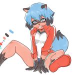  1:1 2020 anthro black_body black_fur black_hair black_nose blue_body blue_eyes blue_hair bottomwear brand_new_animal breasts brown_body brown_fur canid canine clothed clothing facial_markings female fluffy fluffy_tail fur gloves_(marking) hair head_markings jacket looking_at_viewer mammal markings mask_(marking) michiru_kagemori multicolored_body multicolored_fur multicolored_hair raccoon_dog short_hair shorts simple_background sirokumagorou sitting smile solo studio_trigger tanuki topwear white_background 