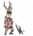  anthro antlers brown_body brown_fur cervid clothing duo eyewear footwear fur goggles hi_res holding_knife hoodie horn knife looking_at_another mammal marsupial nobby_(artist) phalangeriform shoes simple_background standing topwear white_background white_body white_fur 