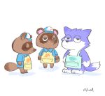  2020 animal_crossing anthro apron black_nose brown_body brown_fur canid canine canis clothing eyes_closed fur group hat headgear headwear kemono mammal nintendo oa_dawn24 raccoon_dog shirt simple_background tanuki timmy_nook tired tommy_nook topwear video_games white_background white_body white_fur wolf 