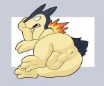  anthro anus backsack balls birdvian butt covering covering_face fangs fire genitals hi_res male nintendo open_mouth paws pok&eacute;mon pok&eacute;mon_(species) simple_background solo typhlosion video_games 