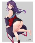  1girl ass black_dress black_footwear black_panties breasts chair commentary_request dress dress_lift feet high_heels highres jacket jiujiuyatou_(yayanzz) katsuragi_misato large_breasts long_hair long_sleeves looking_at_viewer mouth_hold neon_genesis_evangelion panties purple_eyes purple_hair red_jacket short_dress sideboob signature single_bare_shoulder solo underwear 