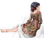  1girl absurdres back_tattoo bed_sheet black_eyes black_hair flower folded_ponytail from_behind full_body full_body_tattoo hair_flower hair_ornament highres huge_filesize irezumi komi-san_wa_komyushou_desu komi_shouko looking_at_viewer looking_back mamimi_(mamamimi) nude simple_background sitting solo tattoo white_background yakuza 