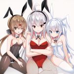  3girls alternate_costume animal_ears black_bow black_legwear black_leotard black_neckwear blue_eyes bow bowtie breasts brown_eyes brown_hair brown_legwear bunny_ears bunnysuit commentary_request cowboy_shot crossed_arms detached_collar facial_scar fathom fishnet_legwear fishnets gangut_(kantai_collection) grey_eyes hair_bow hair_ornament hairclip hibiki_(kantai_collection) highres kantai_collection large_breasts leotard long_hair low_twintails medium_breasts multiple_girls pantyhose red_eyes red_leotard red_ribbon ribbon scar scar_on_cheek silver_hair simple_background sitting strapless strapless_leotard tashkent_(kantai_collection) thighhighs twintails verniy_(kantai_collection) white_background white_legwear white_leotard 