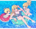  3girls dr._stone highres kohaku_(dr._stone) looking_at_viewer multiple_girls pool ruri_(dr._stone) suika_(dr.stone) swimsuit 