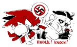  2020 angry anthro ballad-of-gilgalad blood bodily_fluids clothing duo echidna english_text gloves handwear human knuckles_the_echidna male mammal monotreme motion_lines nazi pictographics simple_background sonic_the_hedgehog_(series) speech_bubble swastika text video_games violence 