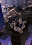  1boy bangs bare_chest black_hair black_pants building chest_tattoo cityscape closed_mouth fate/grand_order fate_(series) flower_tattoo full_body_tattoo hair_between_eyes hair_lift highres long_hair night night_sky pants rrr_(reason) shirtless sidelocks sky smile squatting tattoo wrist_guards yan_qing_(fate/grand_order) 