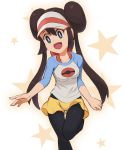  1girl black_legwear blue_eyes breasts brown_hair double_bun legwear_under_shorts long_hair mei_(pokemon) nyonn24 open_mouth pantyhose pokemon pokemon_(game) pokemon_bw2 short_shorts shorts smile solo twintails visor_cap yellow_shorts 