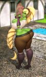  &lt;3 absurd_res big_breasts big_butt blonde_hair blush braided_hair breasts butt cleavage clothed clothing female green_body green_skin hair hi_res huge_breasts huge_butt humanoid long_hair looking_back nipple_outline not_furry outside solo someshittysketches thick_thighs 