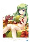  1girl absurdres apple bangs bare_arms bare_shoulders bikini bird blue_eyes breasts coconut drinking drinking_straw eyebrows_visible_through_hair fingernails flower food frog_hair_ornament fruit fruit_cup hair_ornament hibiscus highres holding incredibly_absurdres kiwi kochiya_sanae long_hair looking_at_viewer medium_breasts miyase_mahiro navel orange page_number partially_submerged polka_dot polka_dot_bikini red_bikini shiny shiny_hair simple_background snake_hair_ornament solo stomach swimsuit tied_hair touhou 