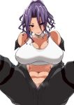  1girl bare_shoulders belt_collar blue_hair blush breasts brown_eyes choker cleavage closed_mouth collar covered_nipples curly_hair highres highschool_of_the_dead large_breasts looking_at_viewer medium_hair minami_rika navel sitting smile solo sports_bikini spread_legs stomach tawashi1623 
