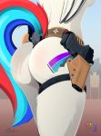  absurd_res anthro belt breasts butt butt_focus cutie_mark dock dock_piercing equid equine fan_character feathered_wings feathers female glock gun gun_holster handgun hasbro hi_res mammal multicolored_tail my_little_pony outside pedals_(pedalspony) pedalspony_(artist) pegasus pistol public_nudity ranged_weapon solo weapon wings 