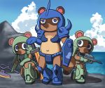  2020 animal_crossing anthro armor belly blue_eyes brown_body brown_fur canid canine cosplay fur group gundam kemono mammal navel nintendo outside raccoon_dog starman75042 tanuki timmy_nook tom_nook_(animal_crossing) tommy_nook unconvincing_armor video_games water weapon 